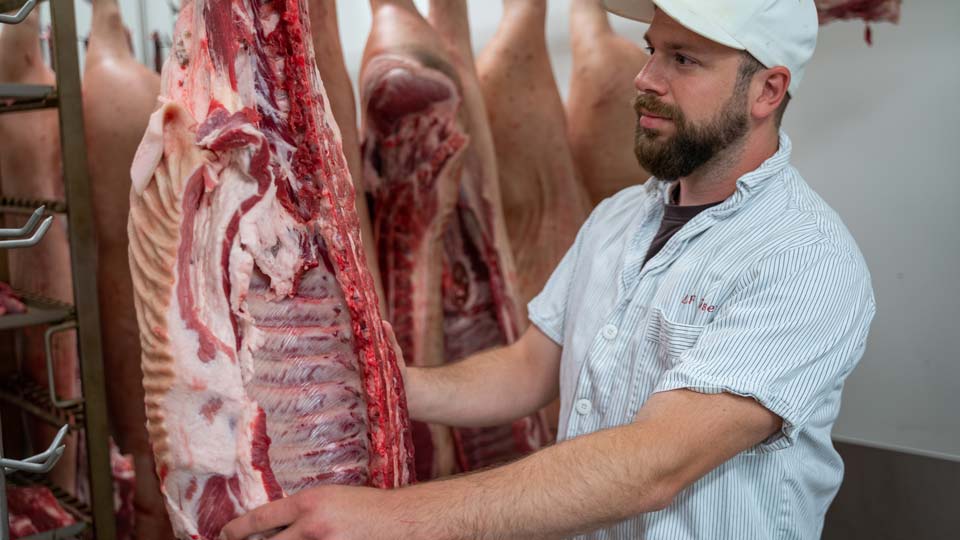 Metzgermeister Andreas Reise inspiziert eine Schweinehälfte